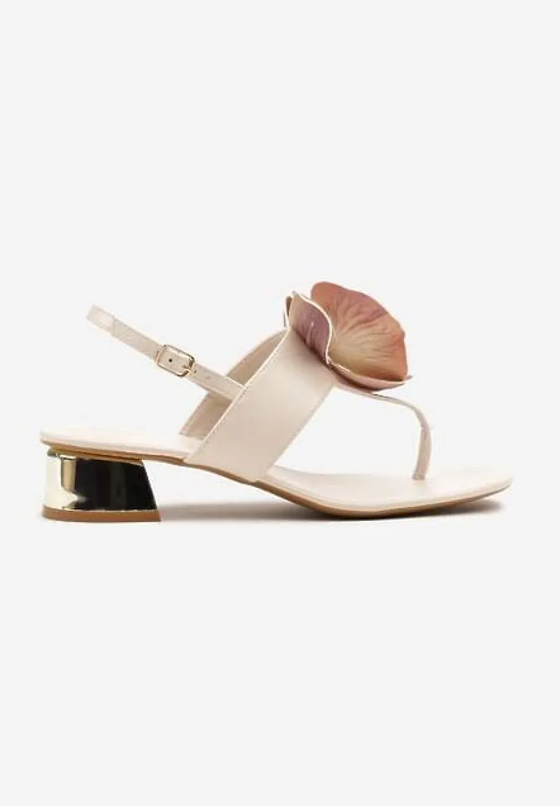 Beżowe Sandały w Stylu Japonek Vices na Niskim Słupku z Kwiatowym Zdobieniem Natrina