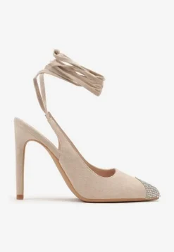 Beżowe Sandały z Noskiem Ozdobionym Cyrkoniami i Wiązaniem wokół Łydki na Szpilce Hlienoma