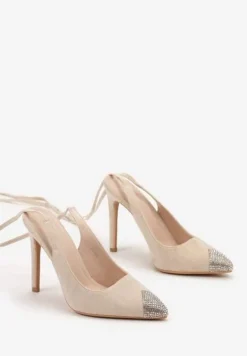 Beżowe Sandały z Noskiem Ozdobionym Cyrkoniami i Wiązaniem wokół Łydki na Szpilce Hlienoma