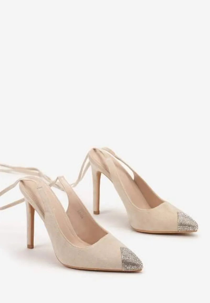 Beżowe Sandały z Noskiem Ozdobionym Cyrkoniami i Wiązaniem wokół Łydki na Szpilce Hlienoma