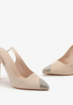 Beżowe Sandały z Noskiem Ozdobionym Cyrkoniami i Wiązaniem wokół Łydki na Szpilce Hlienoma