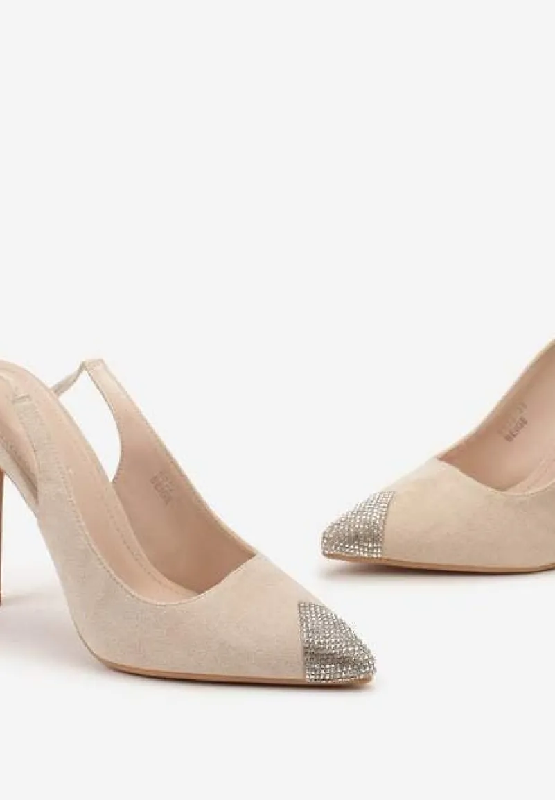 Beżowe Sandały z Noskiem Ozdobionym Cyrkoniami i Wiązaniem wokół Łydki na Szpilce Hlienoma