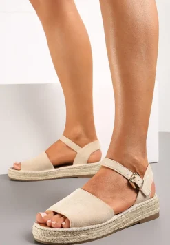 Beżowe Sandały z Plecioną Podeszwą i Zapięciem Wokół Kostki Lornia
