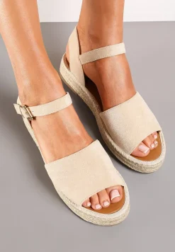 Beżowe Sandały z Plecioną Podeszwą i Zapięciem Wokół Kostki Lornia