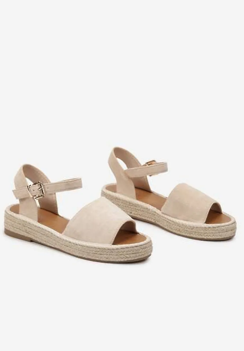Beżowe Sandały z Plecioną Podeszwą i Zapięciem Wokół Kostki Lornia