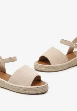 Beżowe Sandały z Plecioną Podeszwą i Zapięciem Wokół Kostki Lornia