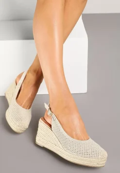 Beżowe Sandały z Siateczkową Cholewką na Plecionym Koturnie Vonevia