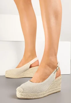 Beżowe Sandały z Siateczkową Cholewką na Plecionym Koturnie Vonevia