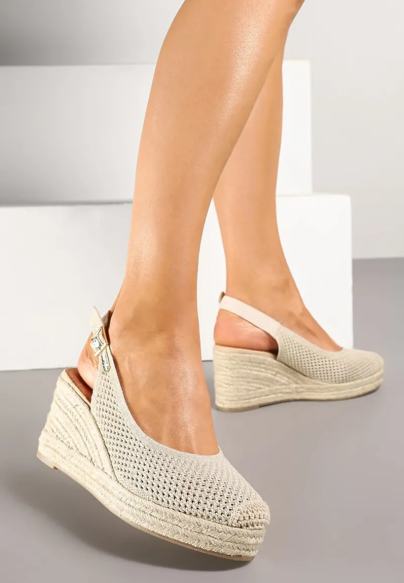 Beżowe Sandały z Siateczkową Cholewką na Plecionym Koturnie Vonevia