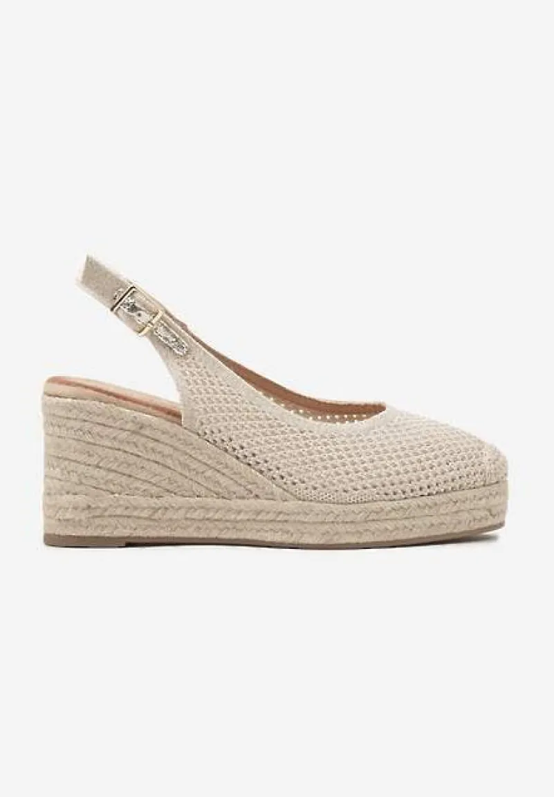 Beżowe Sandały z Siateczkową Cholewką na Plecionym Koturnie Vonevia
