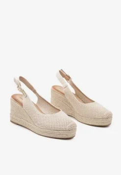 Beżowe Sandały z Siateczkową Cholewką na Plecionym Koturnie Vonevia
