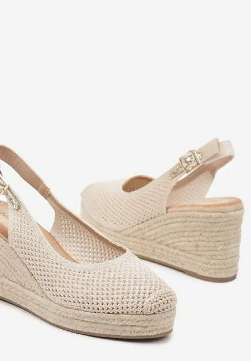 Beżowe Sandały z Siateczkową Cholewką na Plecionym Koturnie Vonevia