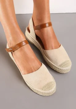 Beżowe Sandały z Zapięciem wokół Kostki na Plecionej Podeszwie z Juty Berseria