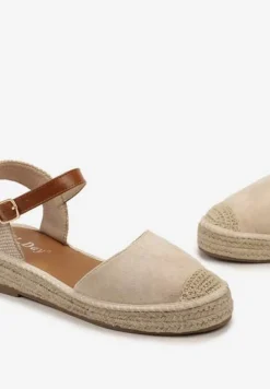Beżowe Sandały z Zapięciem wokół Kostki na Plecionej Podeszwie z Juty Berseria
