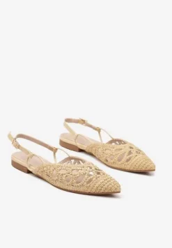 Beżowe Sandały Zapinane na Sprzączkę z Plecionego Materiału Lanadriena