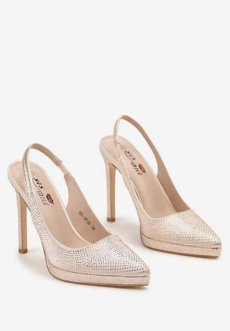 Beżowe Satynowe Sandały na Szpilce i Grubej Podeszwie z Ozdobnymi Cyrkoniami Lenaqia