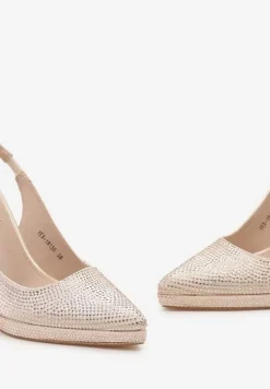 Beżowe Satynowe Sandały na Szpilce i Grubej Podeszwie z Ozdobnymi Cyrkoniami Lenaqia