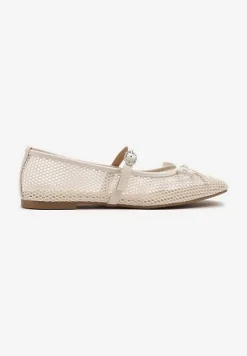 Beżowe Siateczkowe Balerinki Vices z Paskiem z Klamrą i Ozdobną Kokardką Niladiela