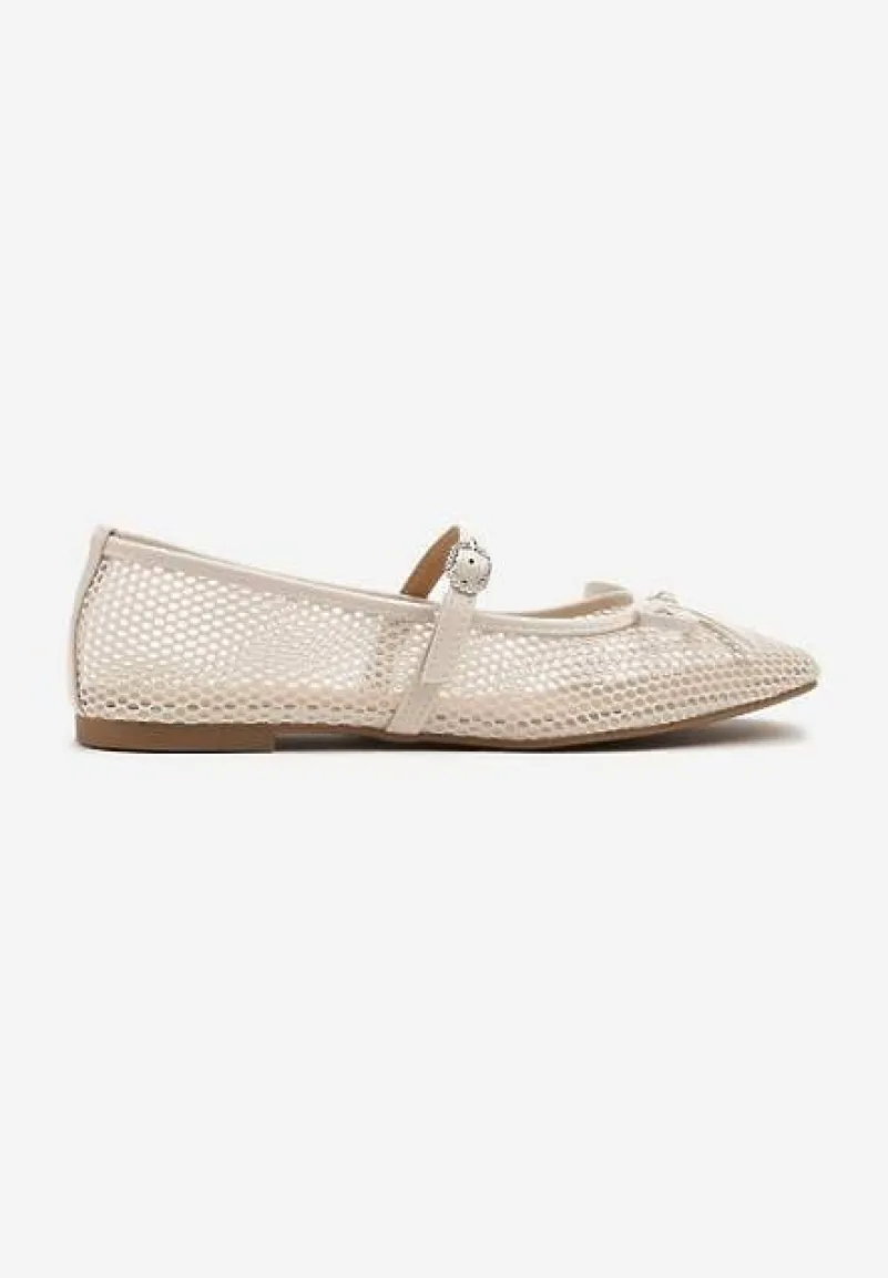 Beżowe Siateczkowe Balerinki Vices z Paskiem z Klamrą i Ozdobną Kokardką Niladiela