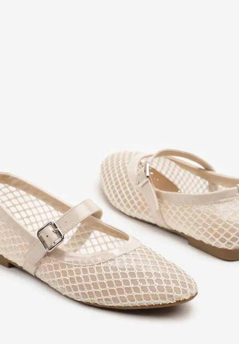 Beżowe Siateczkowe Balerinki w Stylu Mary Jane Annivira