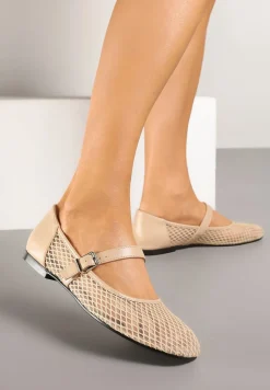 Beżowe Siateczkowe Balerinki w Stylu Mary Jane Millexia