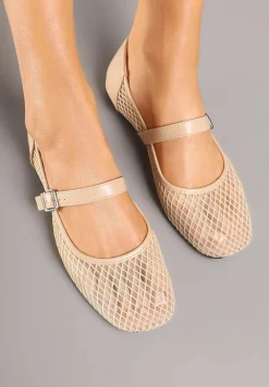 Beżowe Siateczkowe Balerinki w Stylu Mary Jane Millexia