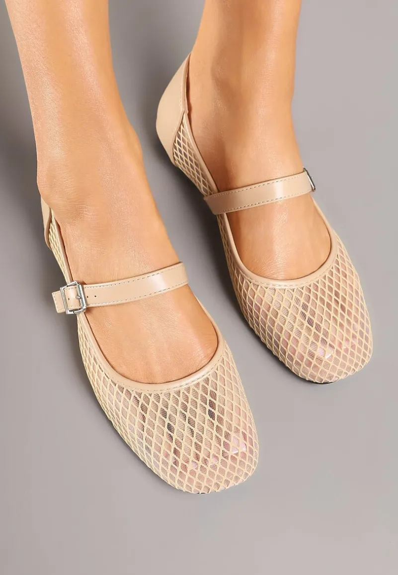 Beżowe Siateczkowe Balerinki w Stylu Mary Jane Millexia