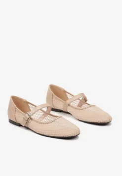 Beżowe Siateczkowe Balerinki w Stylu Mary Jane Millexia