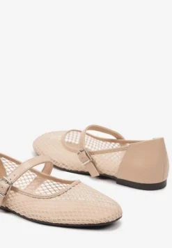 Beżowe Siateczkowe Balerinki w Stylu Mary Jane Millexia