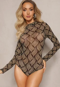 Beżowe Siateczkowe Body w Fantazyjny Wzór Aerhus