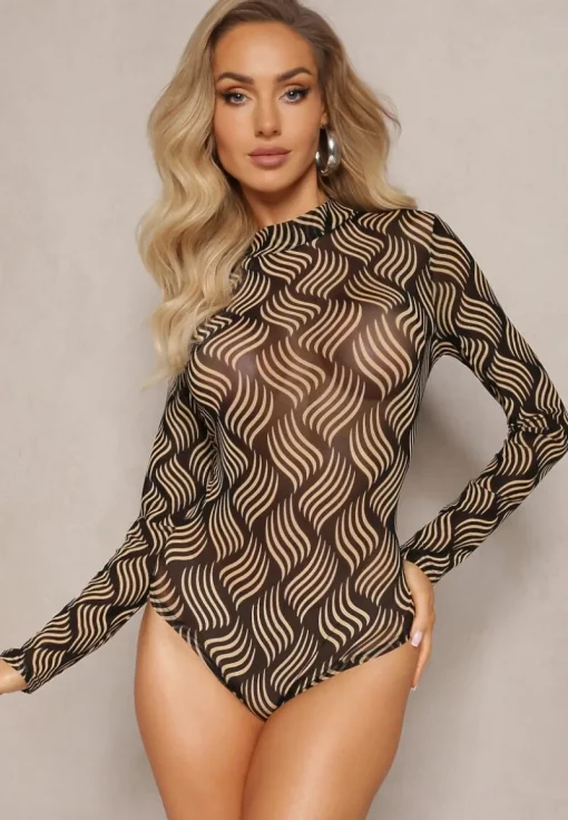 Beżowe Siateczkowe Body w Fantazyjny Wzór Aerhus