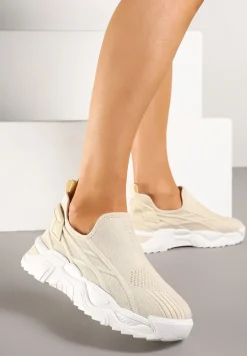 Beżowe Siateczkowe Buty Sportowe Sneakersy Wsuwane Zdobione Tłoczeniami Nusadela