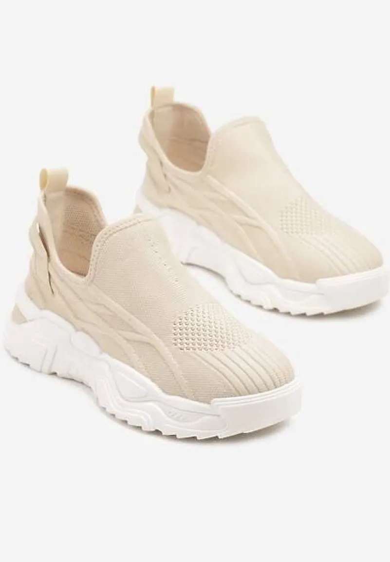 Beżowe Siateczkowe Buty Sportowe Sneakersy Wsuwane Zdobione Tłoczeniami Nusadela