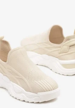 Beżowe Siateczkowe Buty Sportowe Sneakersy Wsuwane Zdobione Tłoczeniami Nusadela