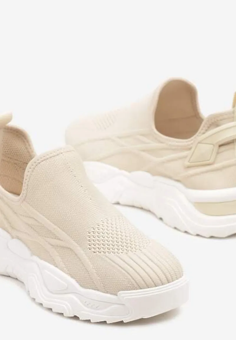 Beżowe Siateczkowe Buty Sportowe Sneakersy Wsuwane Zdobione Tłoczeniami Nusadela