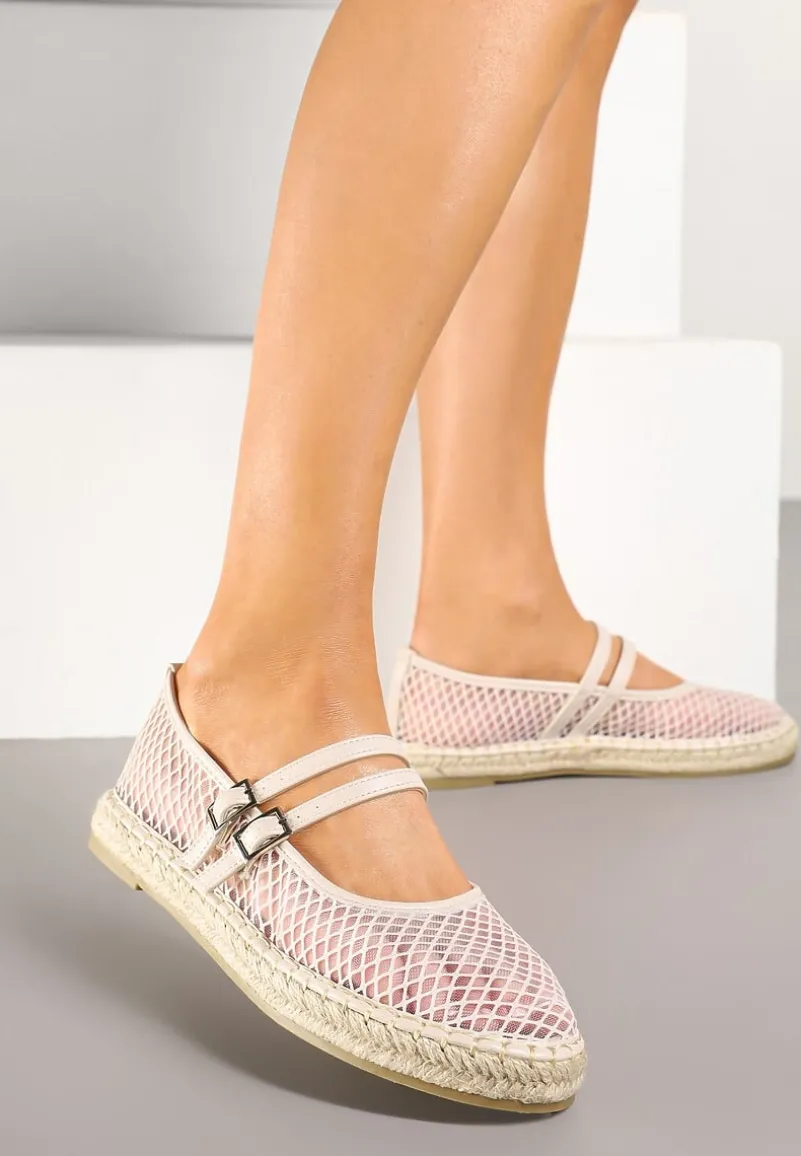 Beżowe Siateczkowe Espadryle Ozdobione Paskami i Plecionką Tullexia