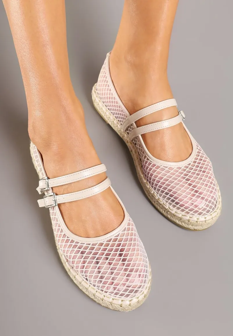 Beżowe Siateczkowe Espadryle Ozdobione Paskami i Plecionką Tullexia
