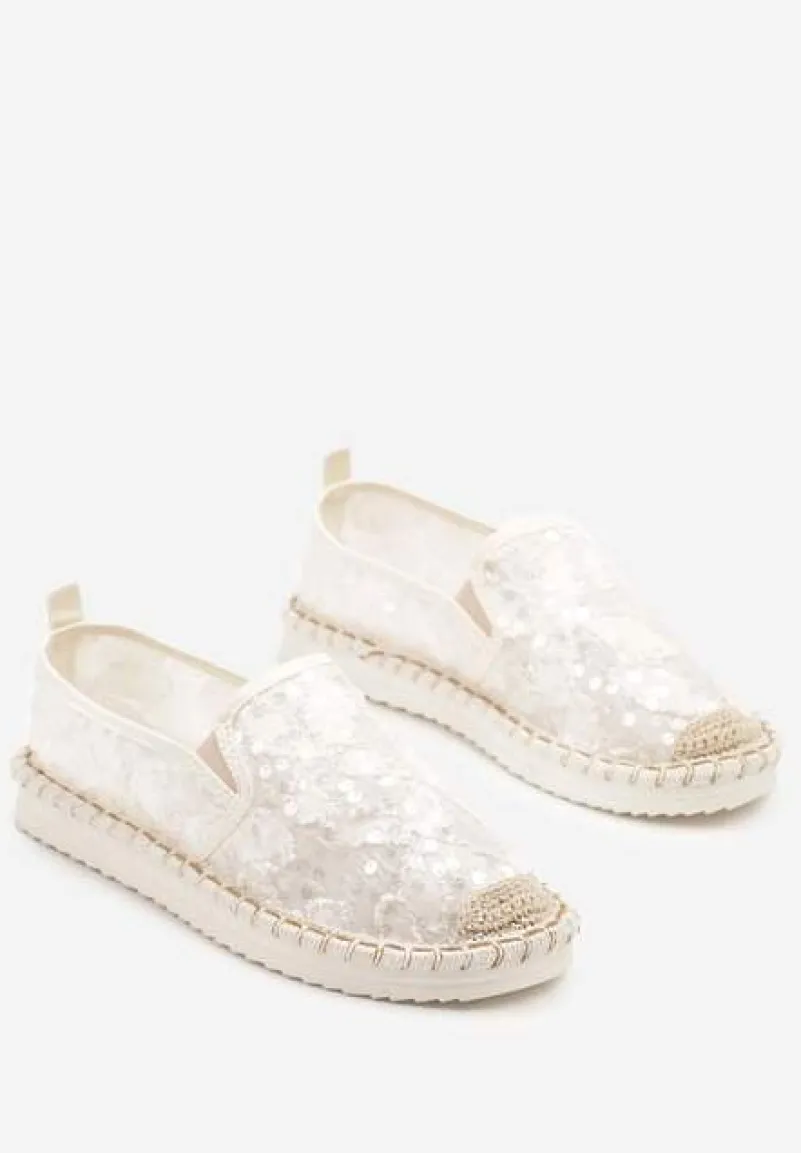 Beżowe Siateczkowe Espadryle z Cekinowym Zdobieniem Vivianoria