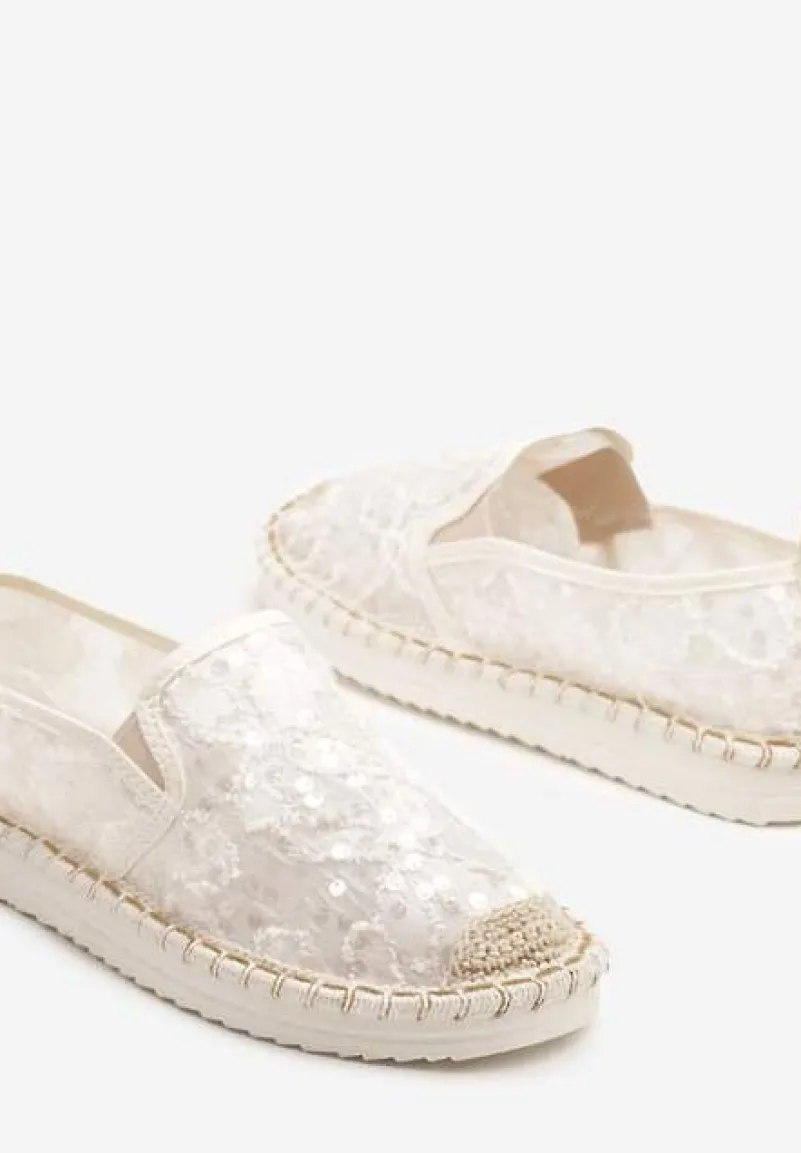 Beżowe Siateczkowe Espadryle z Cekinowym Zdobieniem Vivianoria