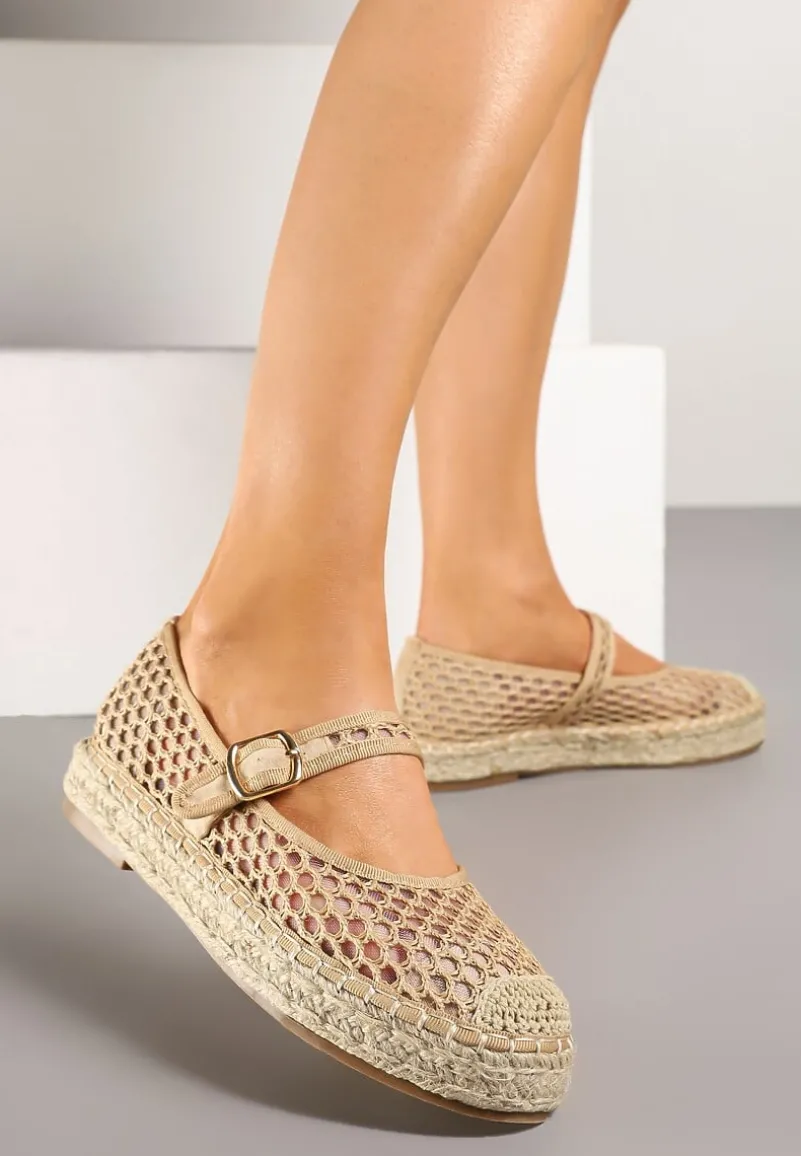 Beżowe Siateczkowe Espadryle na Podeszwie z Juty Zapinane na Sprzączkę Geniffia