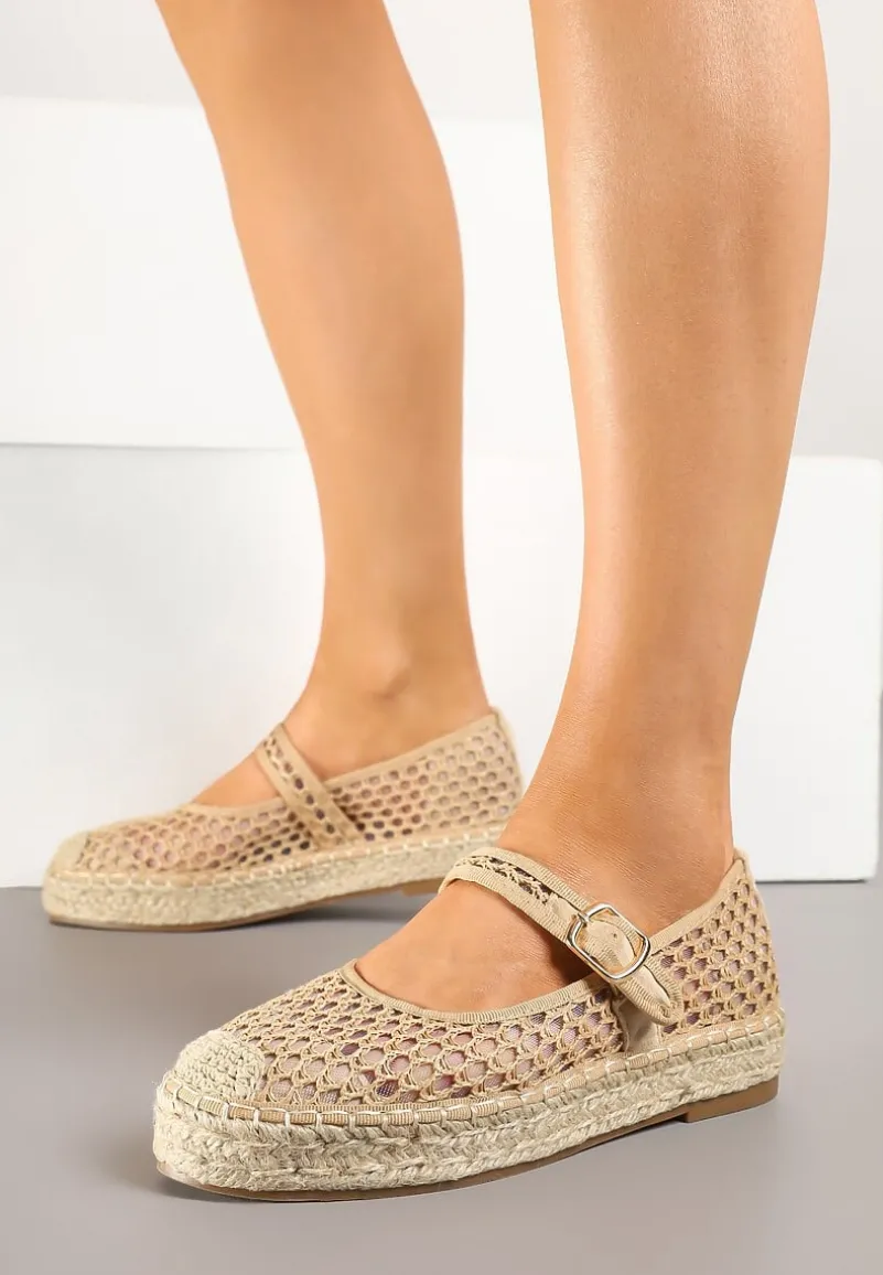 Beżowe Siateczkowe Espadryle na Podeszwie z Juty Zapinane na Sprzączkę Geniffia