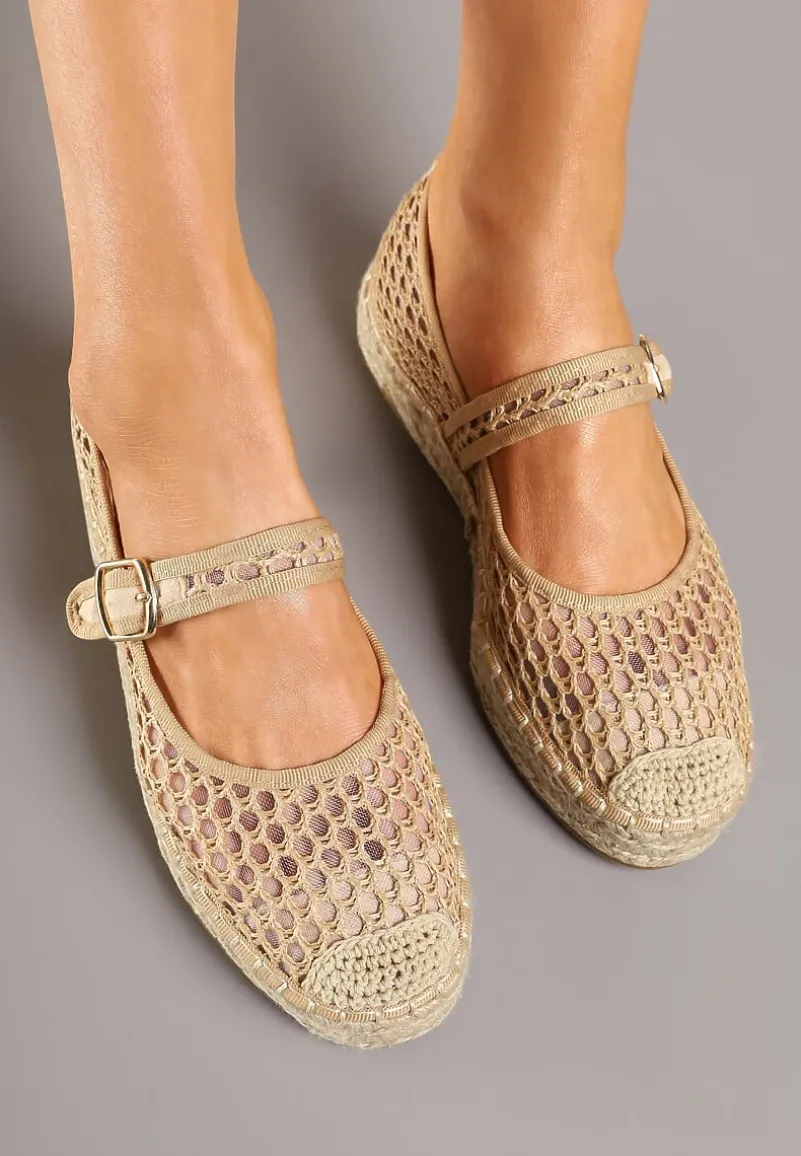 Beżowe Siateczkowe Espadryle na Podeszwie z Juty Zapinane na Sprzączkę Geniffia