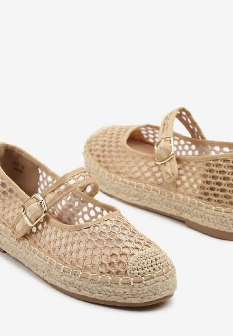 Beżowe Siateczkowe Espadryle na Podeszwie z Juty Zapinane na Sprzączkę Geniffia