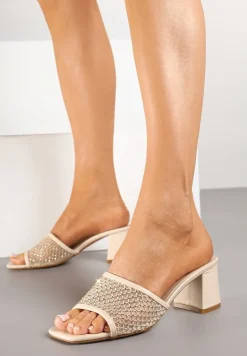 Beżowe Siateczkowe Klapki na Słupku Ozdobione Cyrkoniami Senadrela