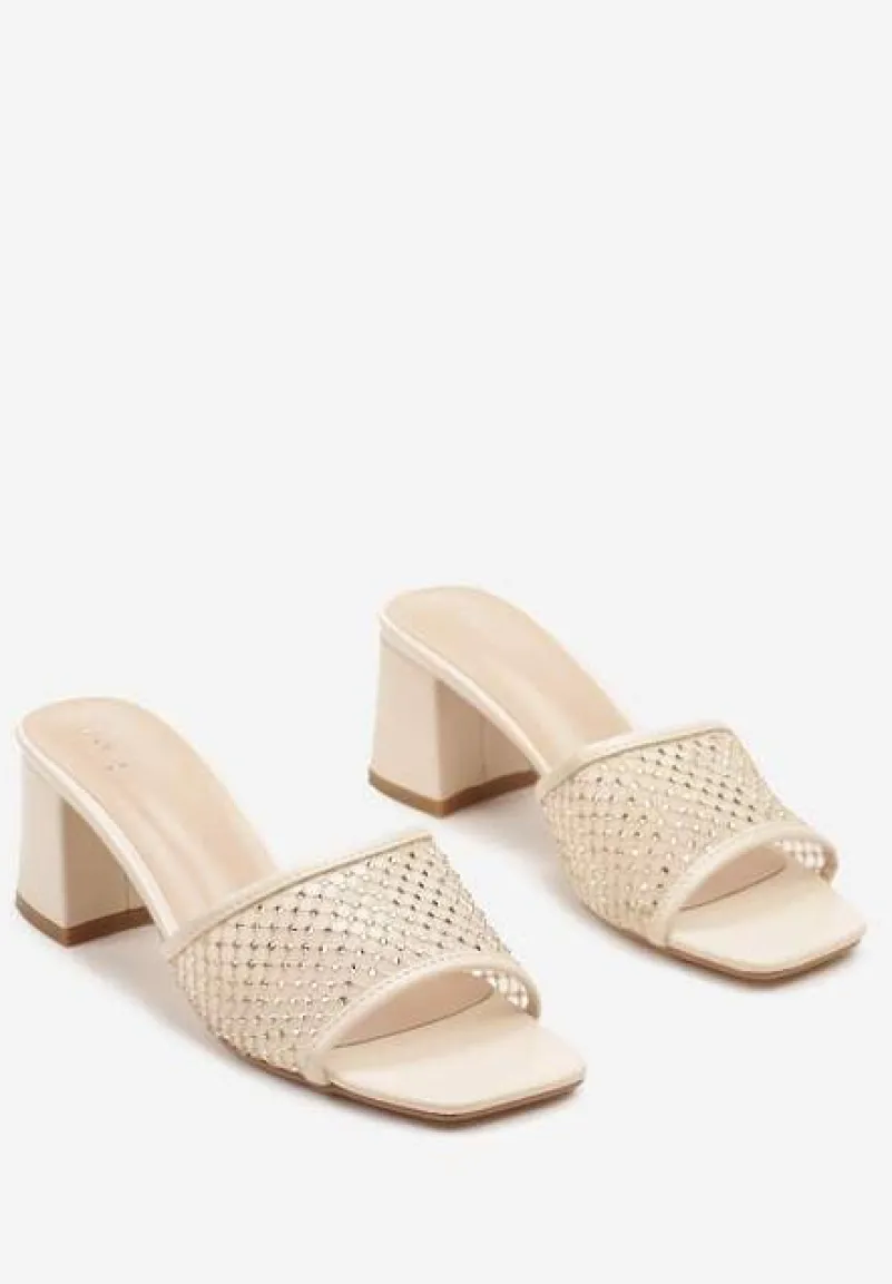 Beżowe Siateczkowe Klapki na Słupku Ozdobione Cyrkoniami Senadrela