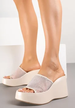 Beżowe Siateczkowe Klapki na Koturnie Zdobione Cyrkoniami Kinezalia