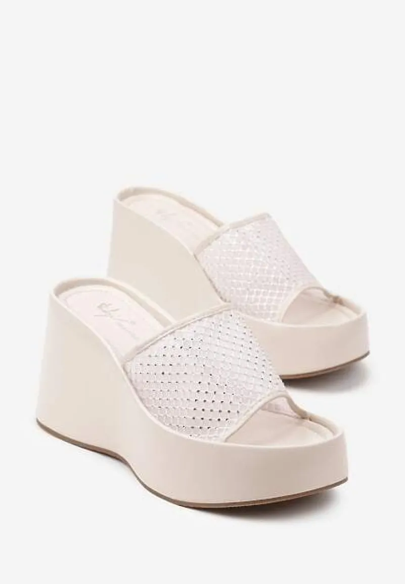 Beżowe Siateczkowe Klapki na Koturnie Zdobione Cyrkoniami Kinezalia