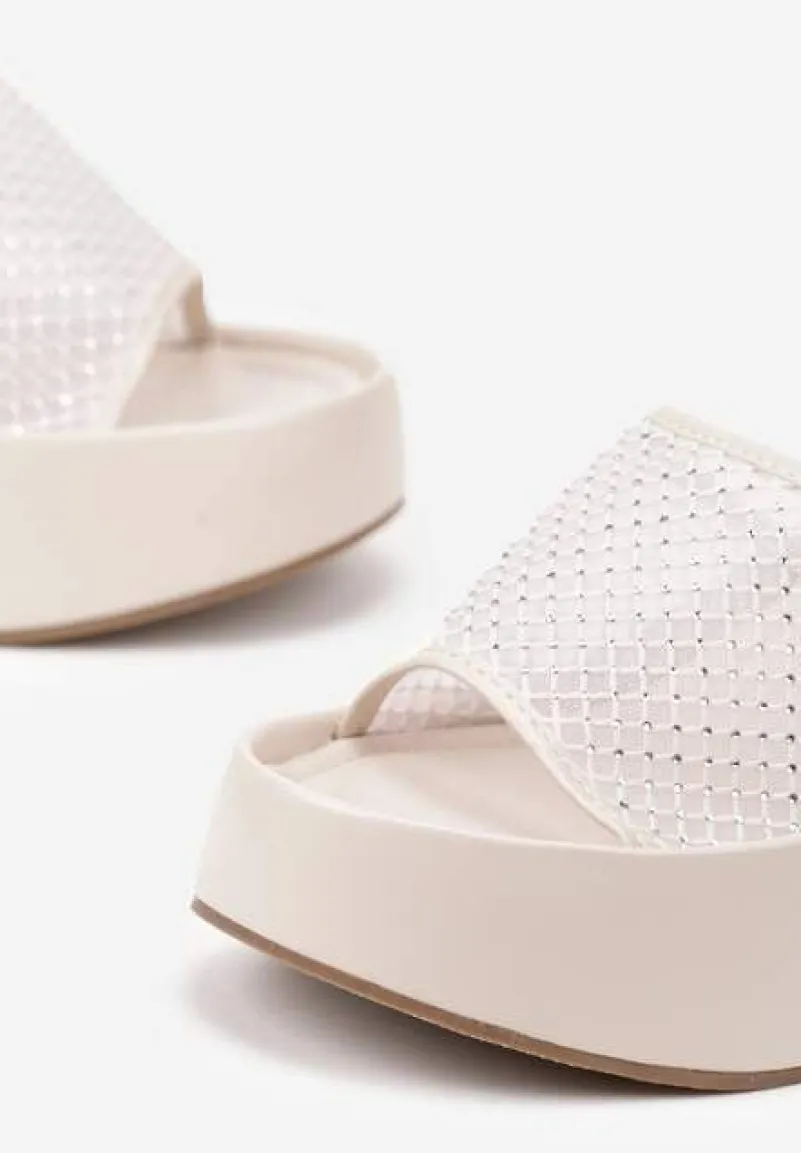 Beżowe Siateczkowe Klapki na Koturnie Zdobione Cyrkoniami Kinezalia