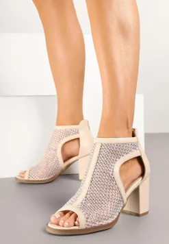 Beżowe Siateczkowe Sandały Stylizowane na Botki na Obcasie z Cyrkoniami Senarila