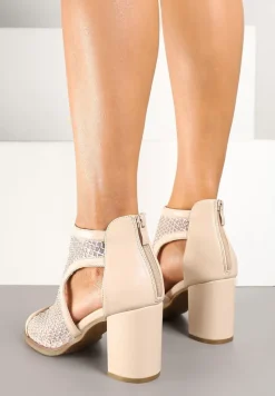 Beżowe Siateczkowe Sandały Stylizowane na Botki na Obcasie z Cyrkoniami Senarila